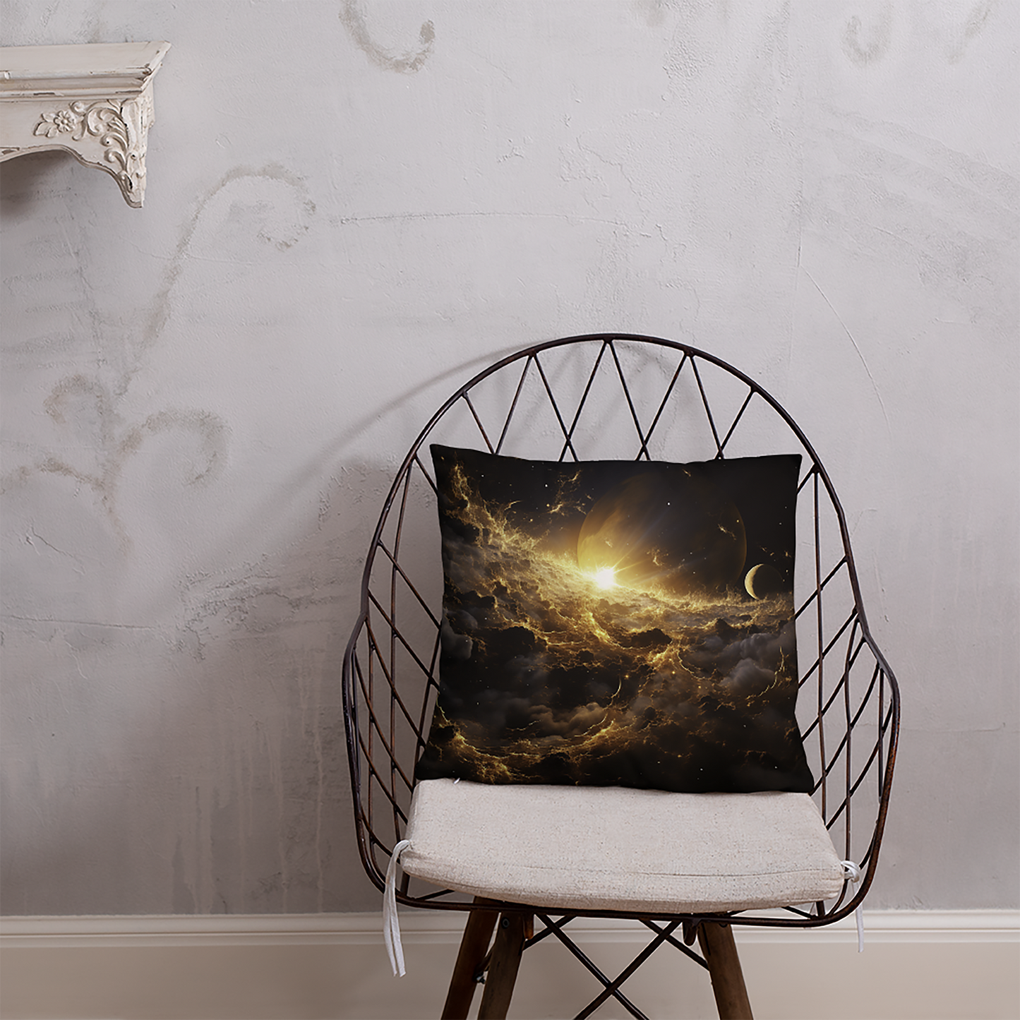 Space Throw Pillow Golden Harmony Celestial Polyester Decorative Cushion 18x18