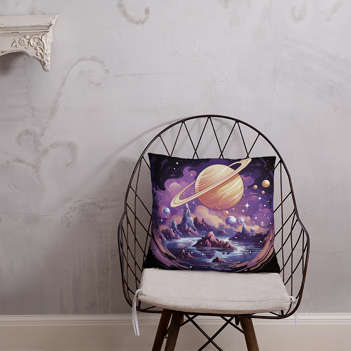 Space Throw Pillow Mystical Saturn Landscape Polyester Decorative Cushion 18x18