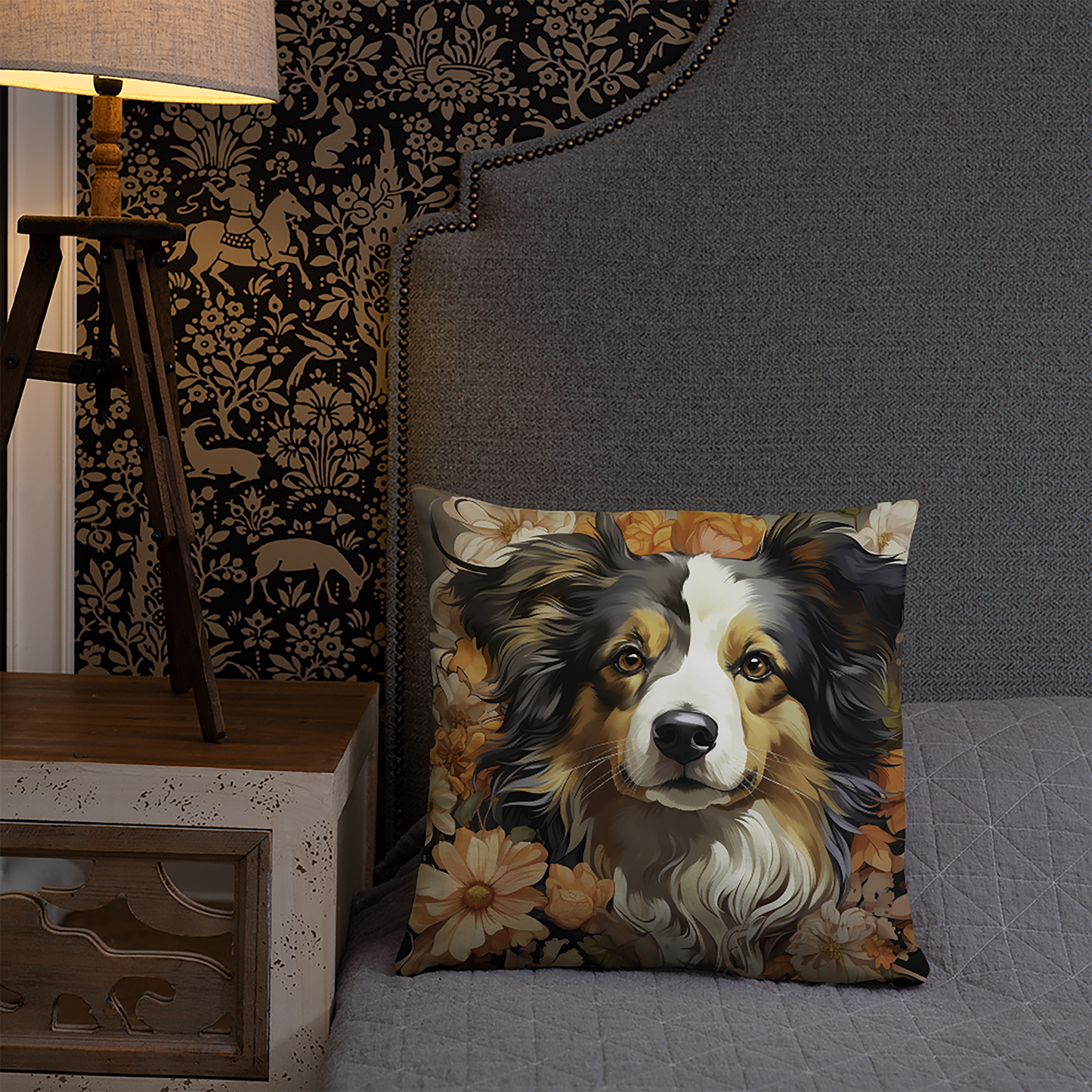 Dog Throw Pillow Floral Aussie Shepherd Fall Harmony Polyester Decorative Cushion 18x18