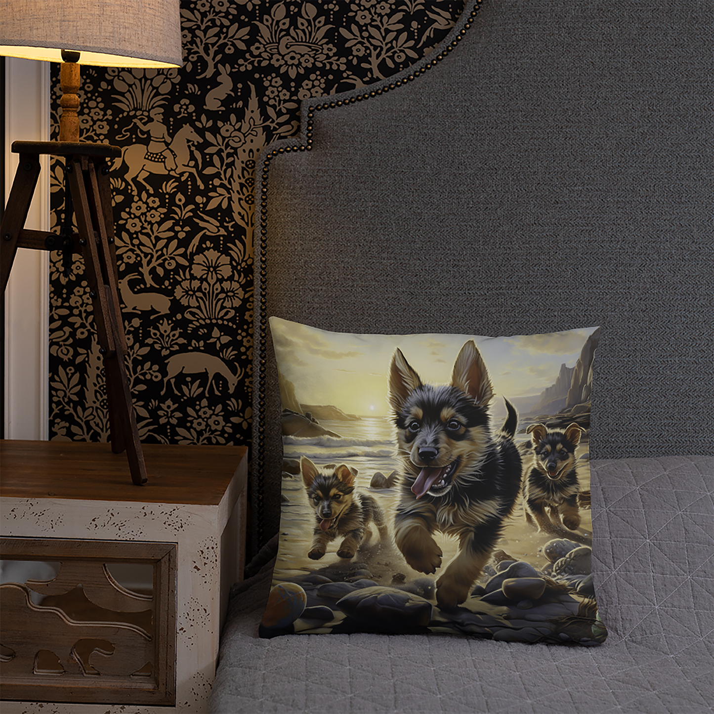 Dog Throw Pillow Joyful Puppies Beach Portraits Polyester Decorative Cushion 18x18