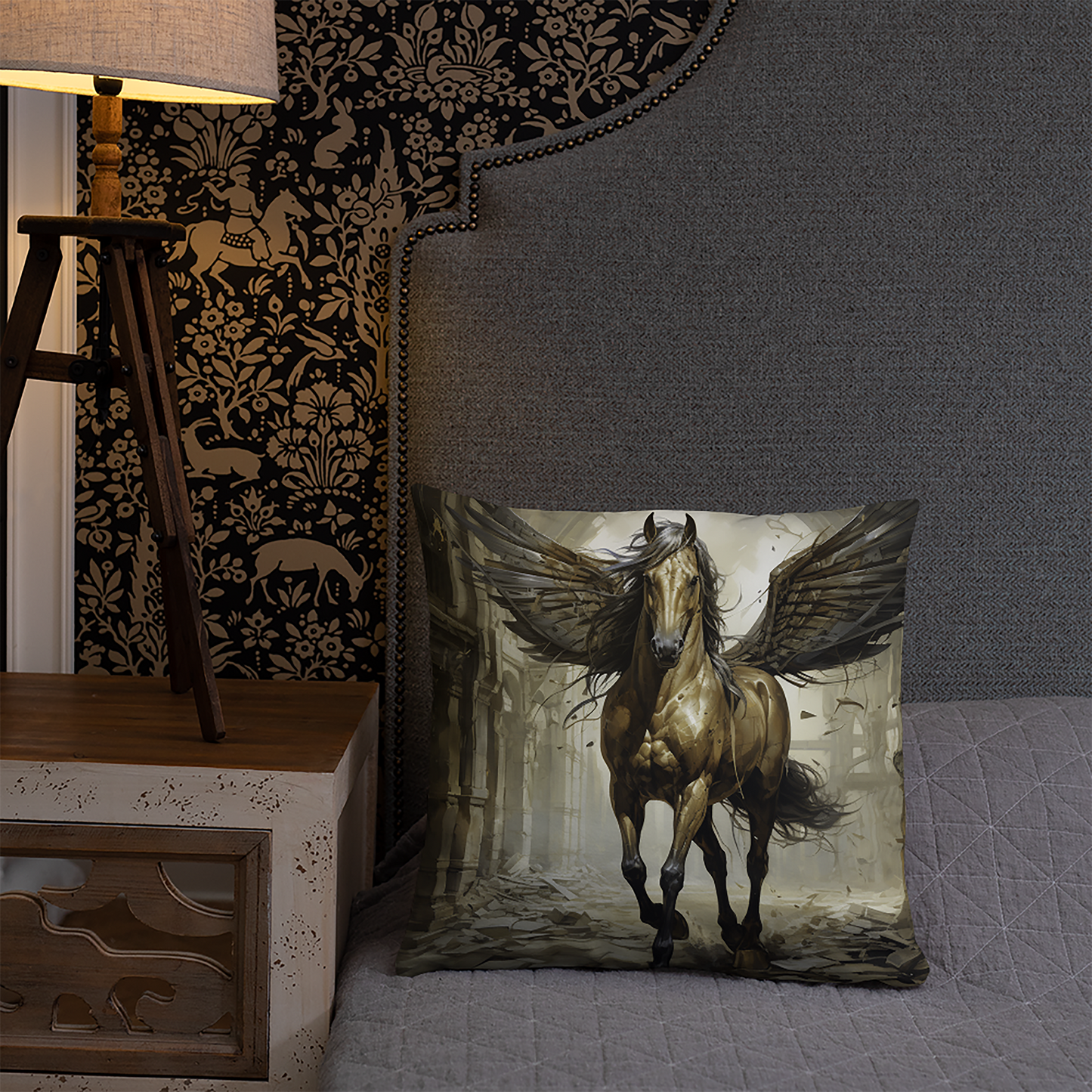 Horse Throw Pillow Mystical Urban Horse with Wings Polyester Decorative Cushion 18x18
