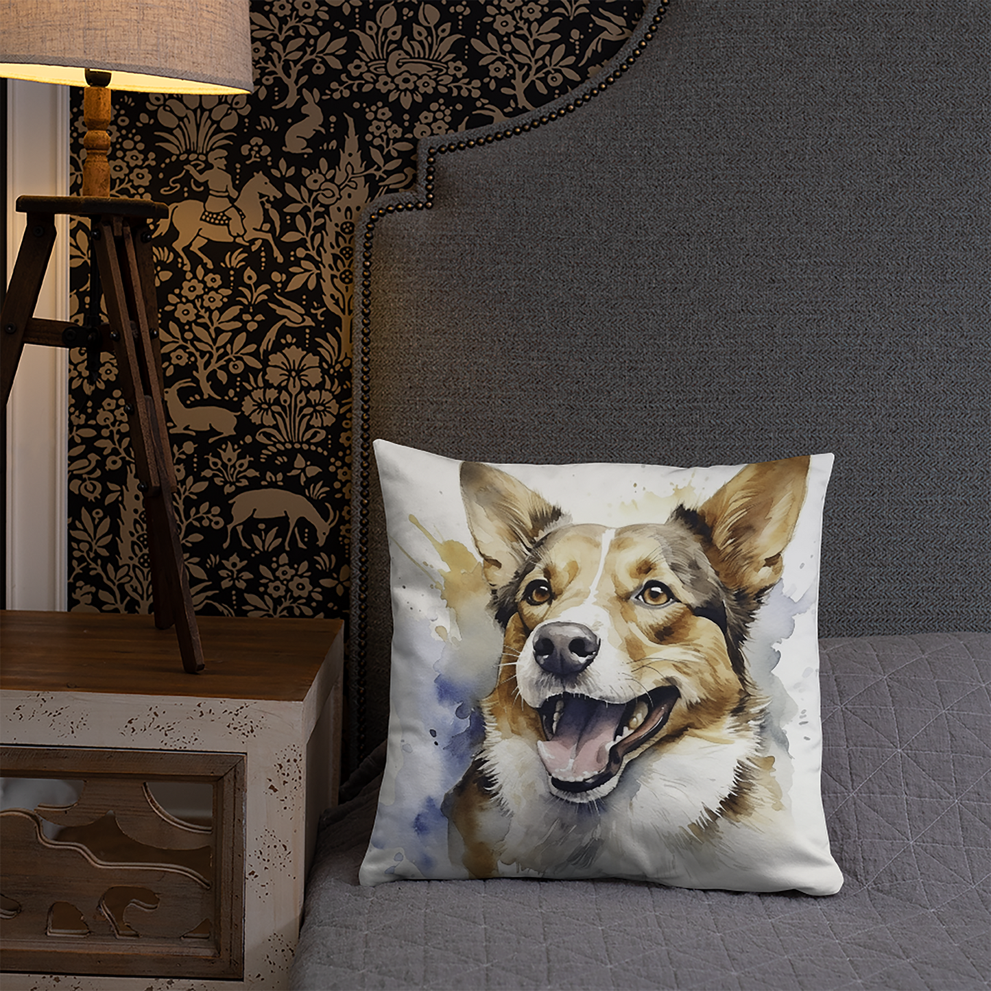 Dog Throw Pillow Playful Corgi Watercolor Illustration Polyester Decorative Cushion 18x18