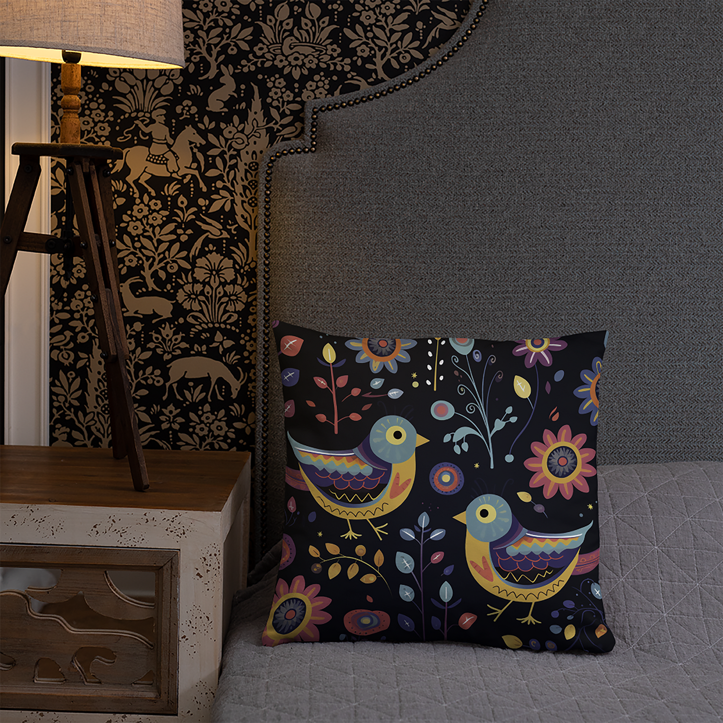 Bird Throw Pillow Vibrant Mexican Folk Art Polyester Decorative Cushion 18x18