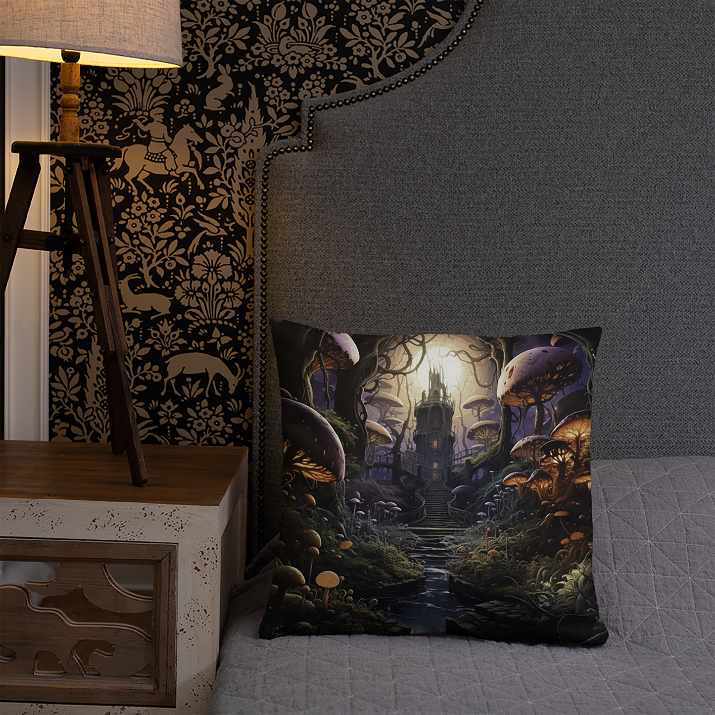 Castle Throw Pillow Magical Mushrooms Polyester Decorative Cushion 18x18