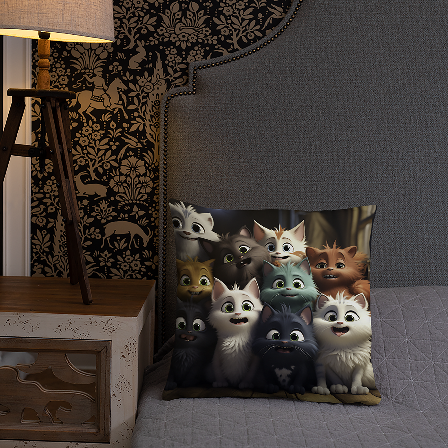 Cat Throw Pillow Animated Feline Gathering Polyester Decorative Cushion 18x18