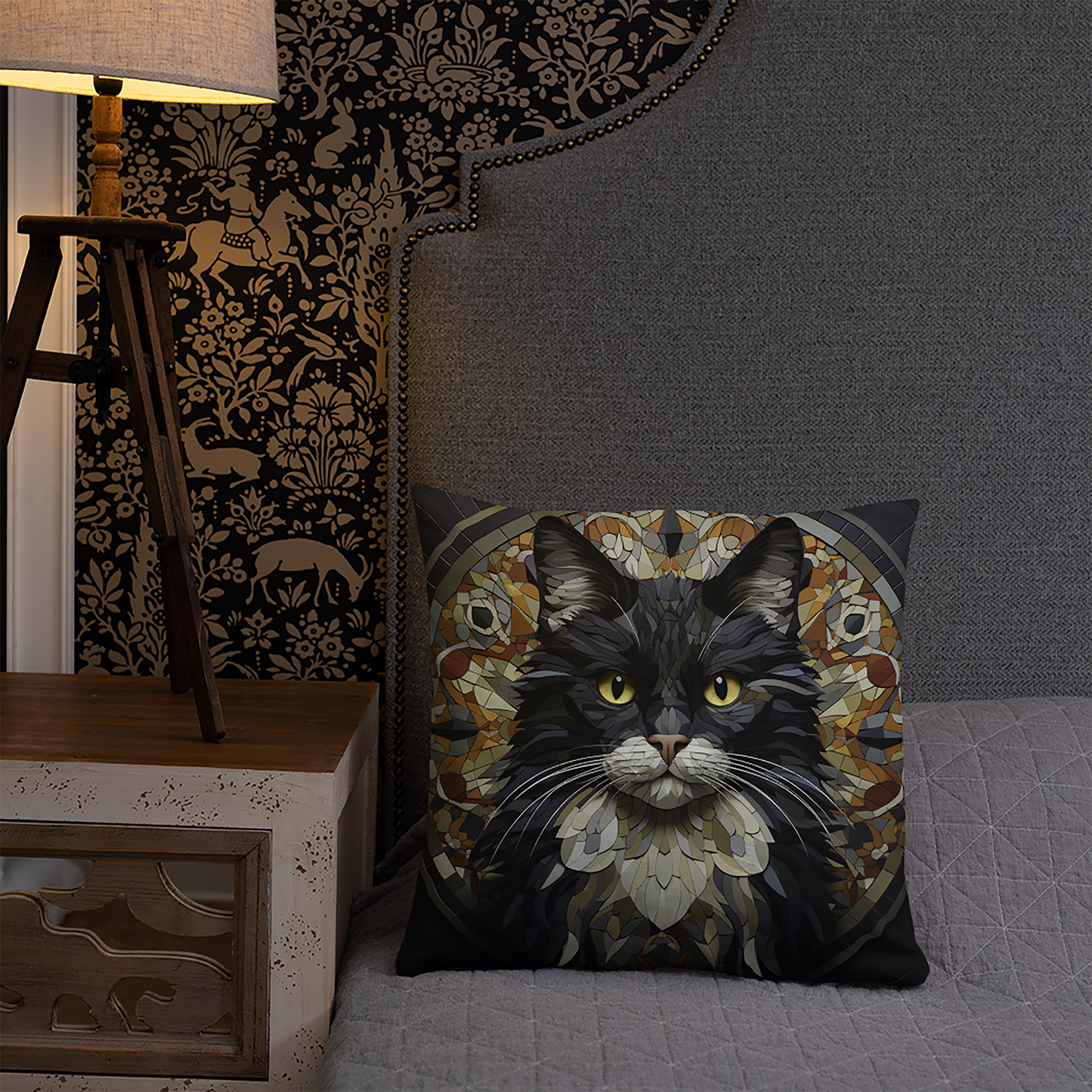 Cat Throw Pillow Opulent Mosaic Feline Geometric Polyester Decorative Cushion 18x18