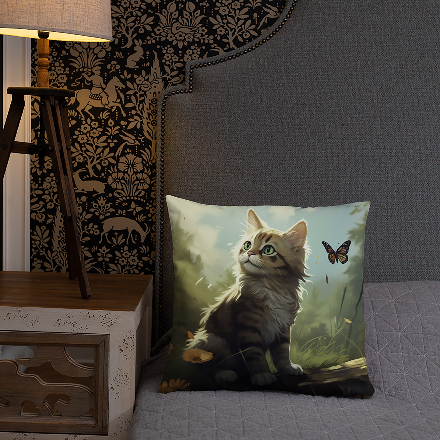 Cat Throw Pillow Verdant Whiskers Hyper-Realistic Cat Polyester Decorative Cushion 18x18