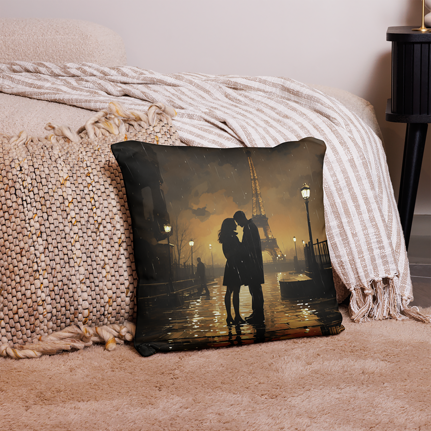 Couples Throw Pillow Parisian Rainy Romance Polyester Decorative Cushion 18x18
