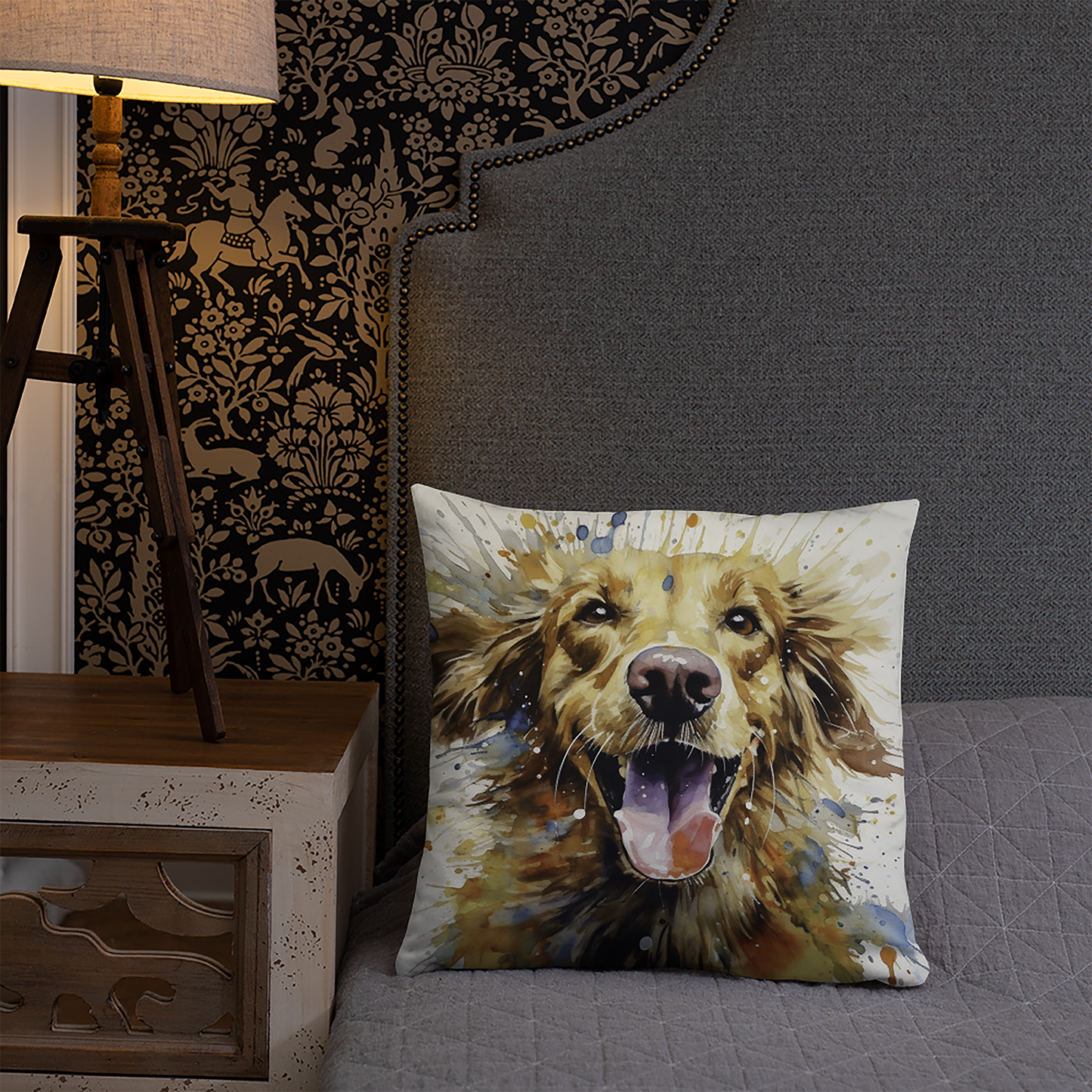 Dog Throw Pillow Explosive Watercolor Golden Retriever Polyester Decorative Cushion 18x18