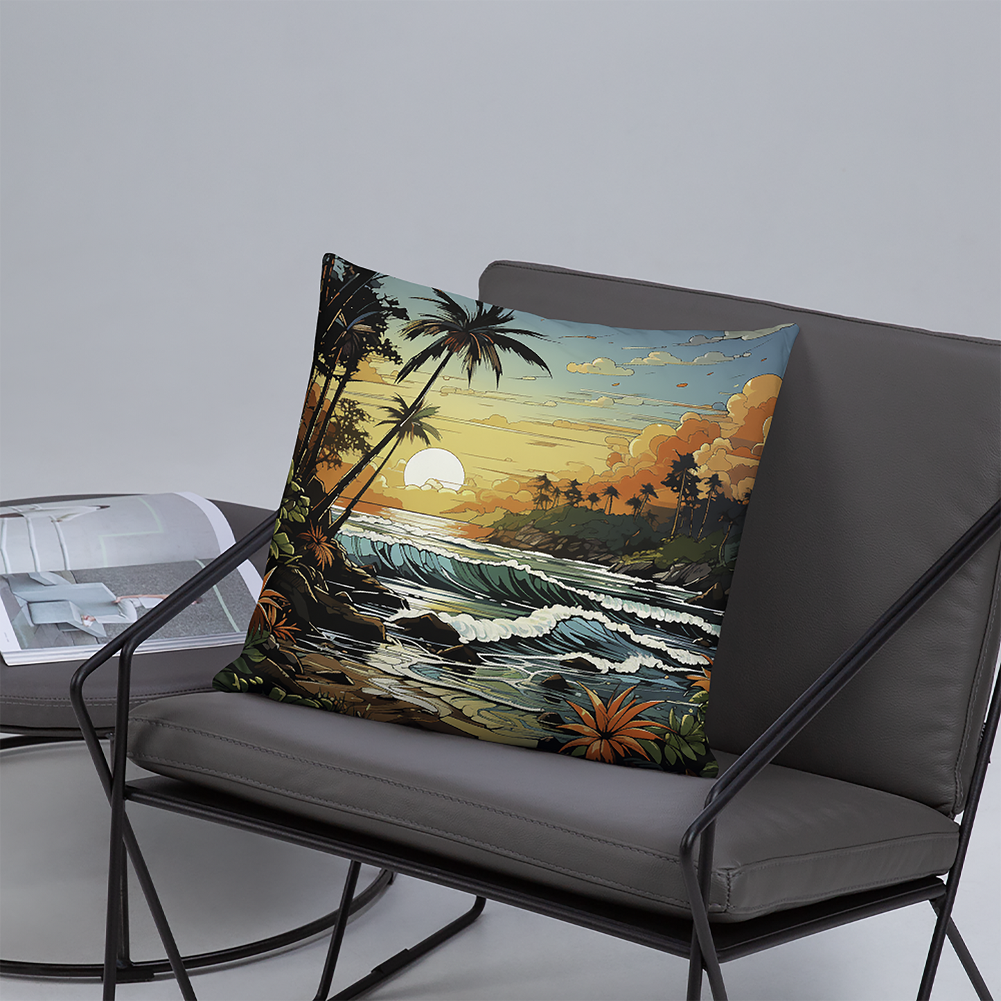 Beach Throw Pillow Tropical Sunset Expressive Polyester Decorative Cushion 18x18