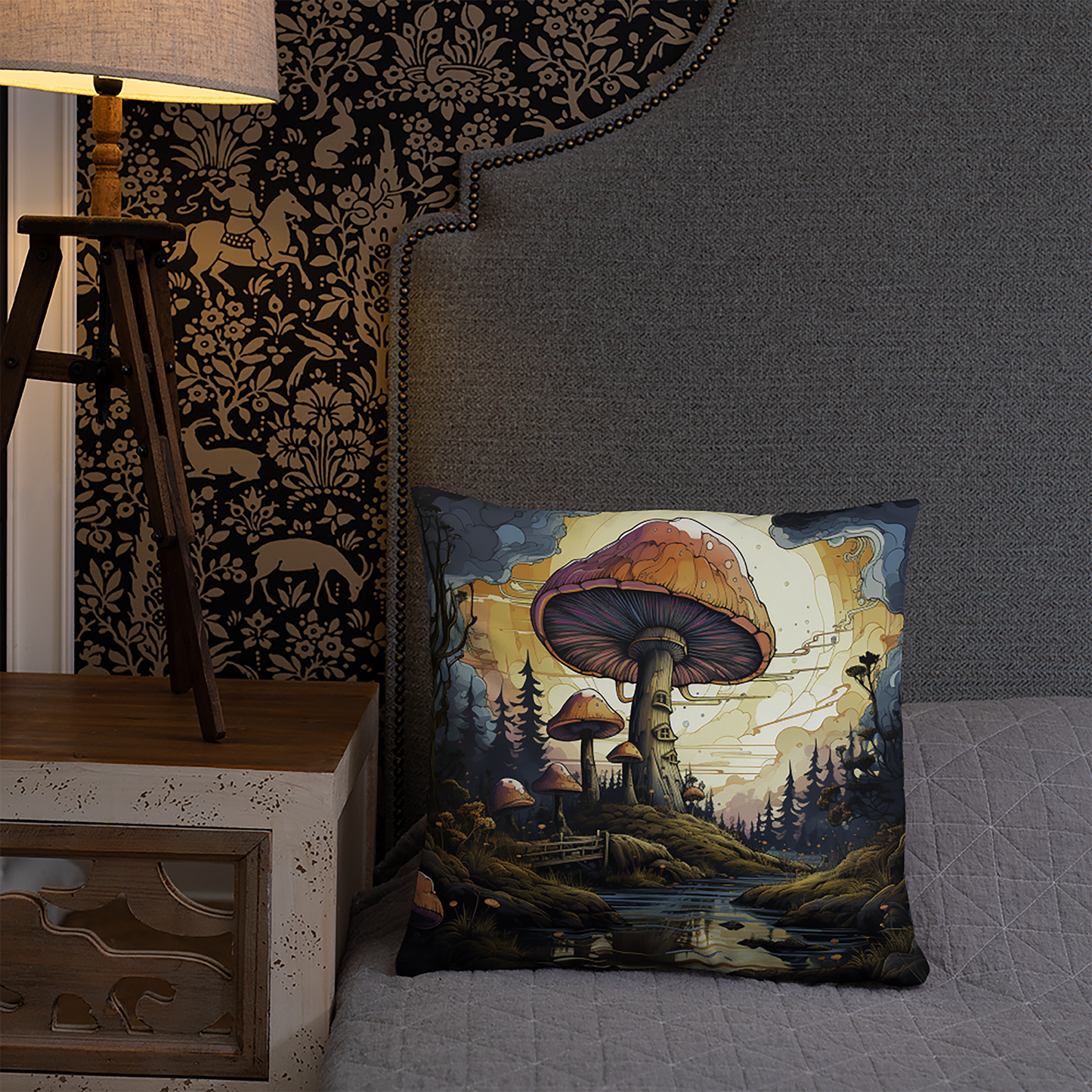 Psychedelic Throw Pillow Mystical Mushroom Magic Polyester Decorative Cushion 18x18