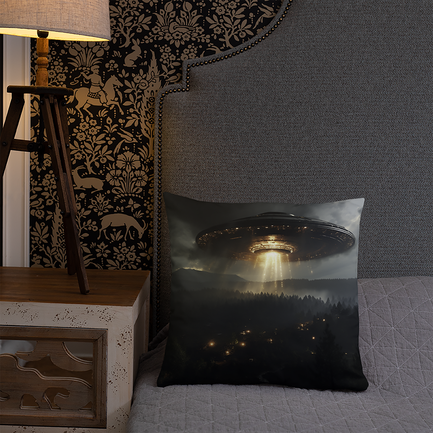 Space Throw Pillow Bronze Forest UFO Encounter Polyester Decorative Cushion 18x18