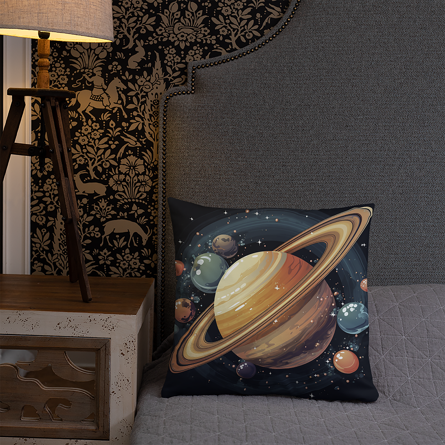 Space Throw Pillow Radiant Saturn Cluster Polyester Decorative Cushion 18x18