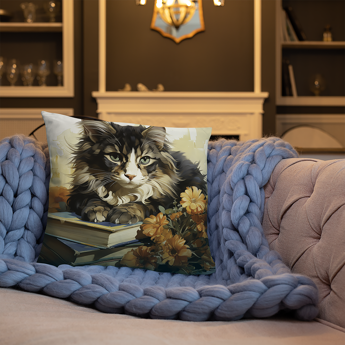 Cat Throw Pillow Floral Feline Study Graphic Illustration Polyester Decorative Cushion 18x18