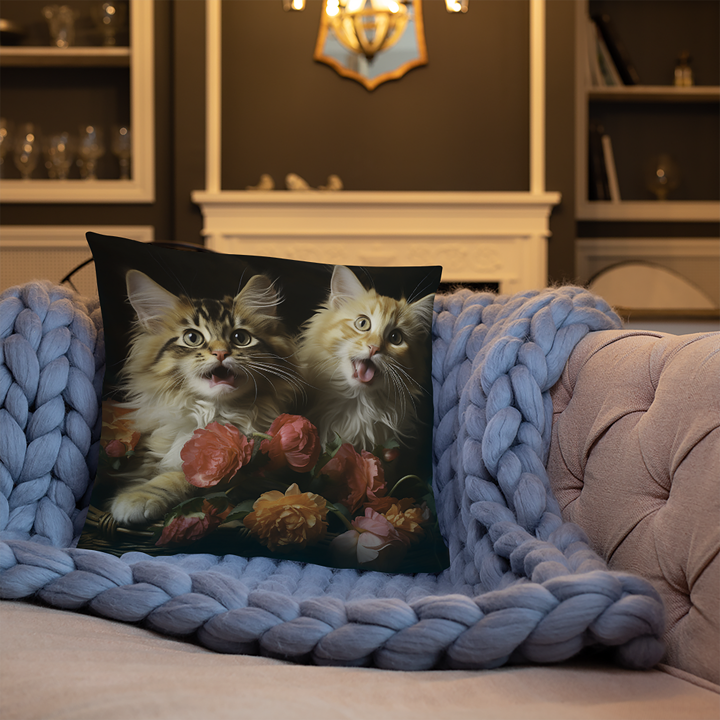 Cat Throw Pillow Golden Basket Buddies Playful Cats Polyester Decorative Cushion 18x18