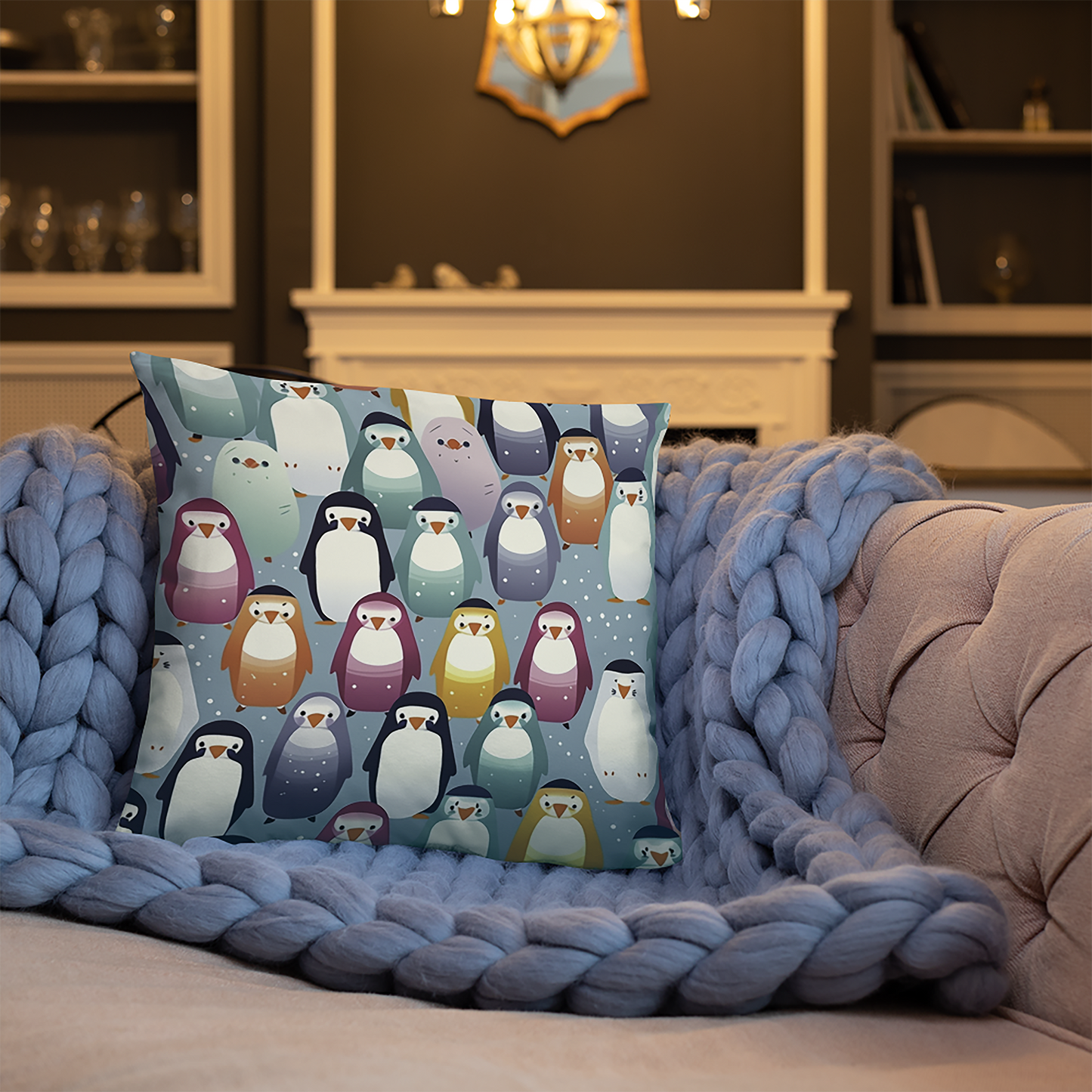Bird Throw Pillow Snowy Penguin Pattern Art Polyester Decorative Cushion 18x18