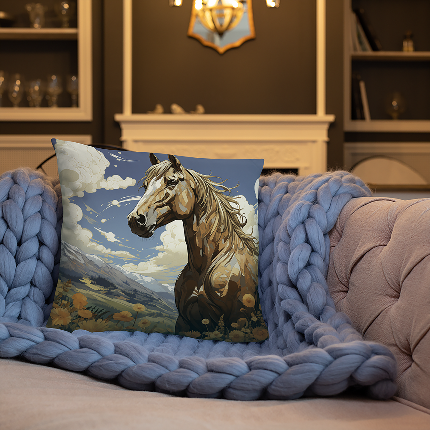 Horse Throw Pillow Sunflower Field Horse Illustration Polyester Decorative Cushion 18x18