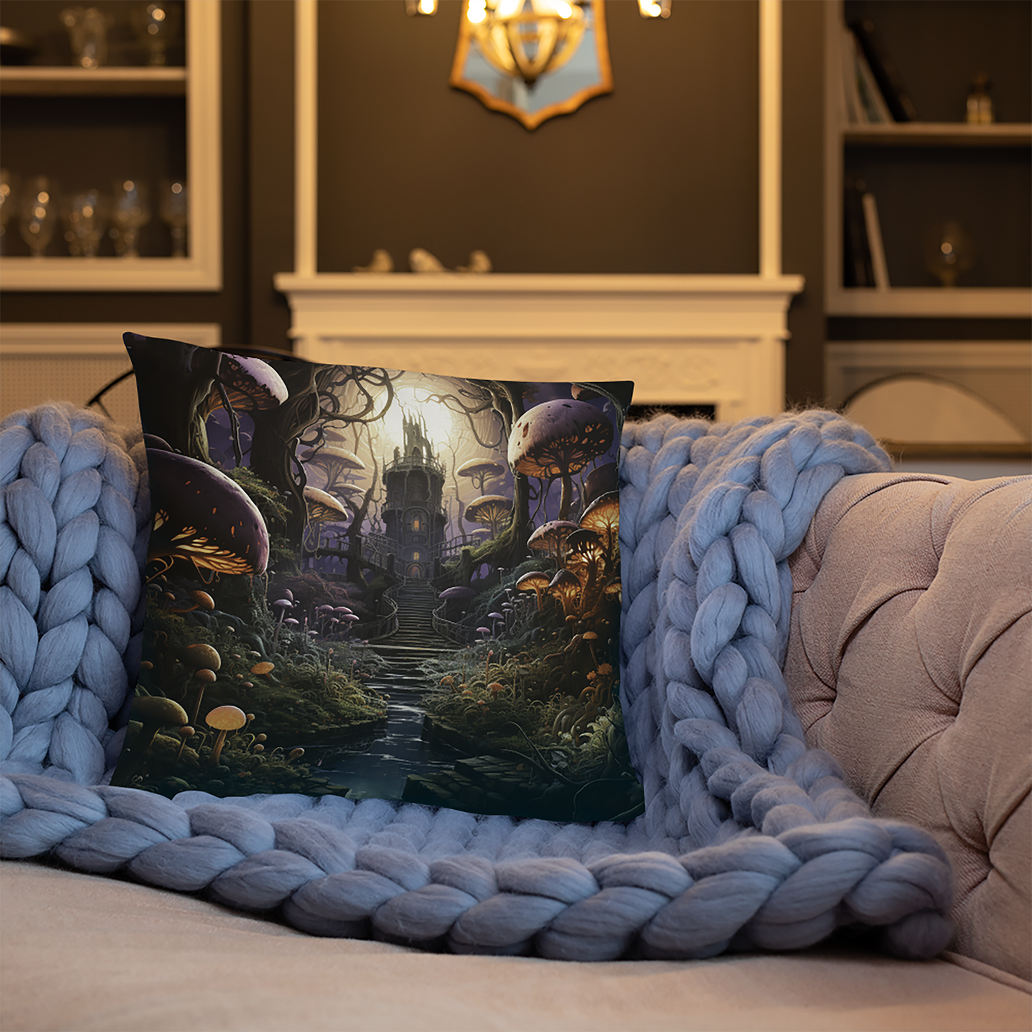 Castle Throw Pillow Magical Mushrooms Polyester Decorative Cushion 18x18