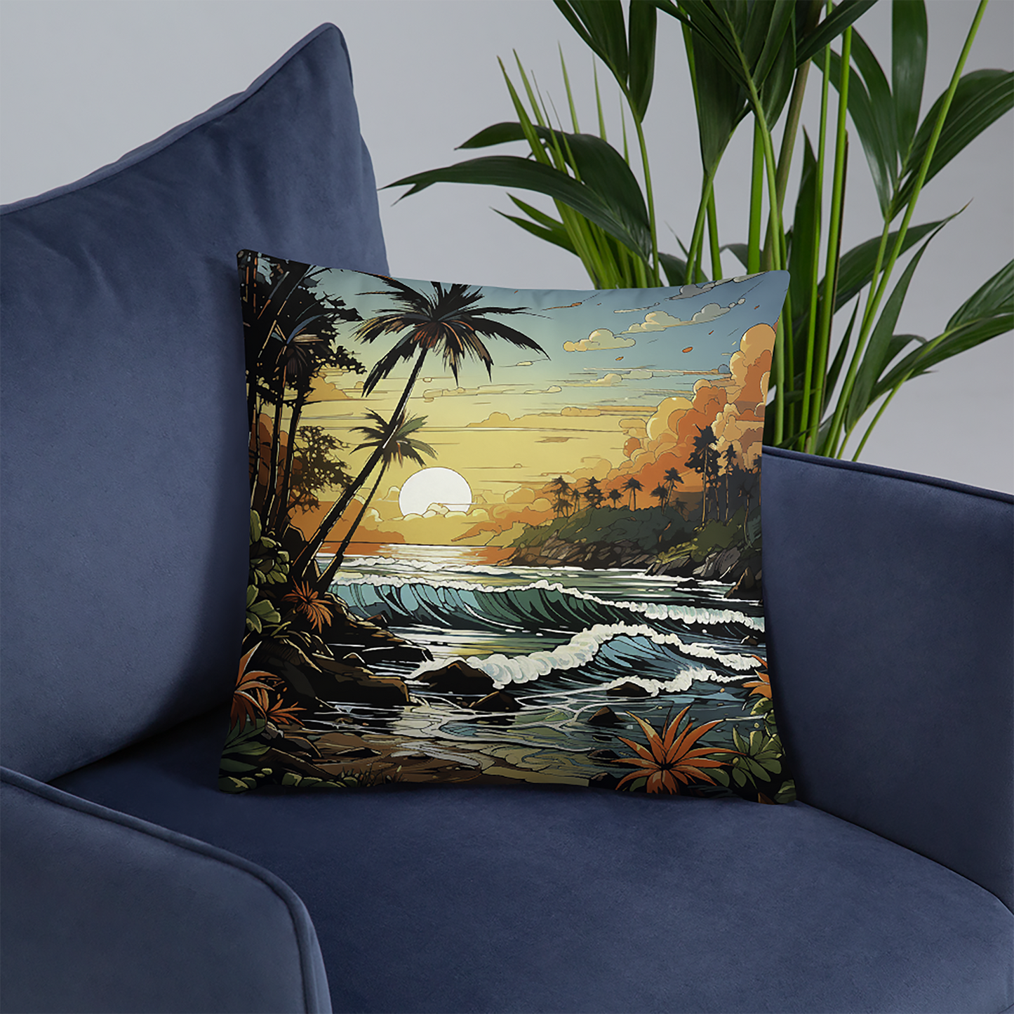 Beach Throw Pillow Tropical Sunset Expressive Polyester Decorative Cushion 18x18