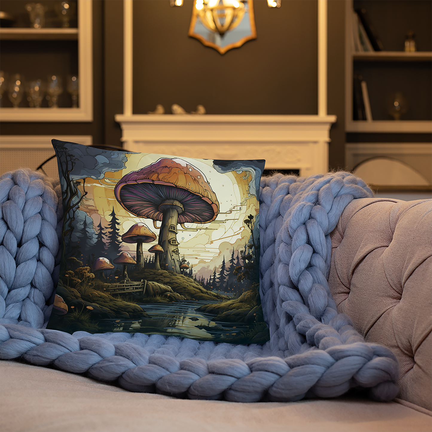 Psychedelic Throw Pillow Mystical Mushroom Magic Polyester Decorative Cushion 18x18
