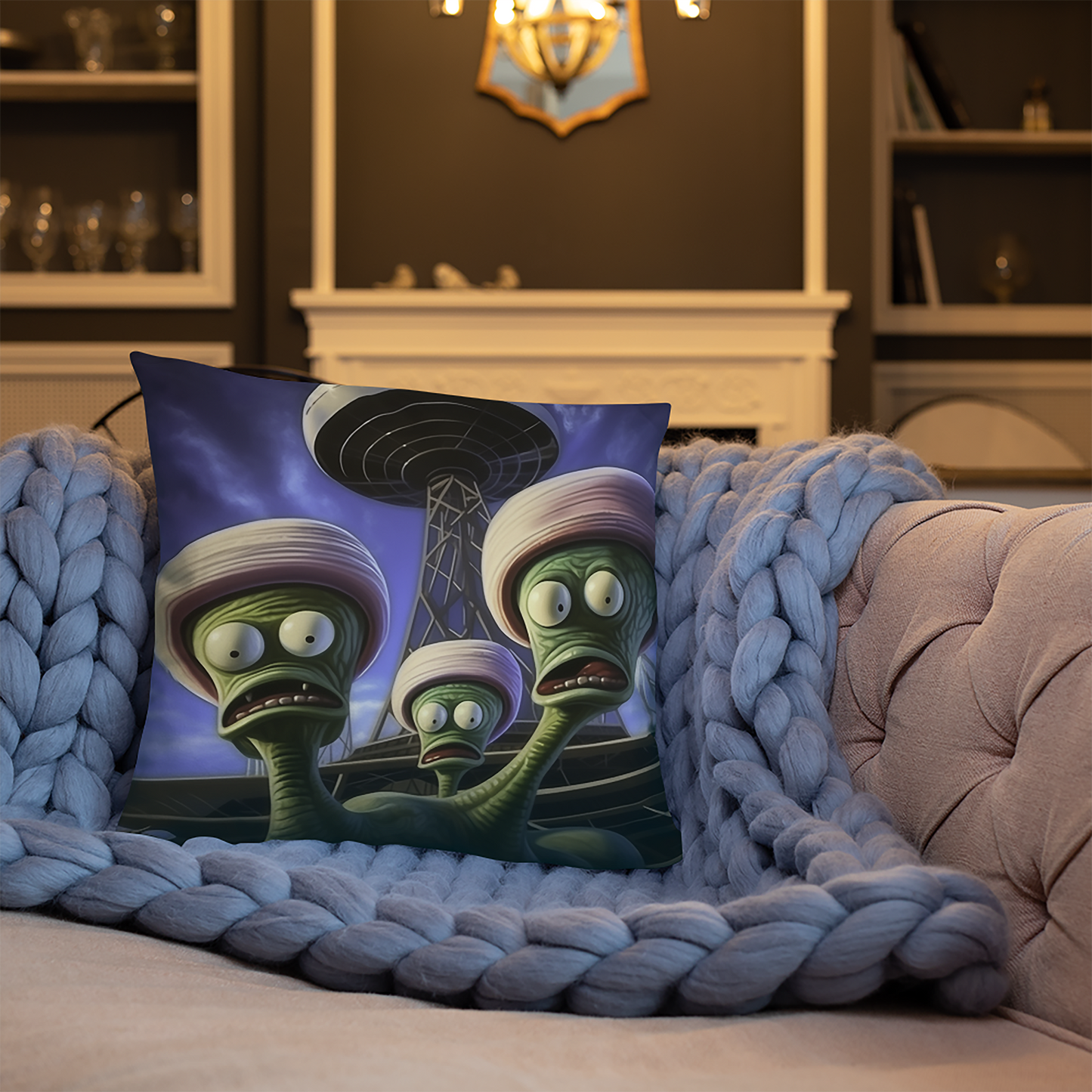 Space Throw Pillow Surrealistic Green Aliens Polyester Decorative Cushion 18x18