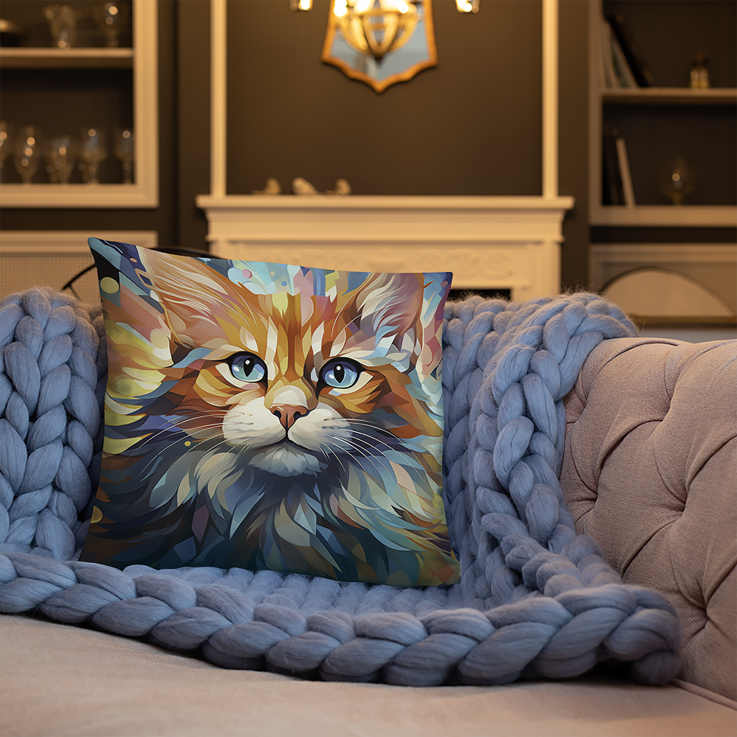 Cat Throw Pillow Vibrant Pixel Feline Digital Art Polyester Decorative Cushion 18x18