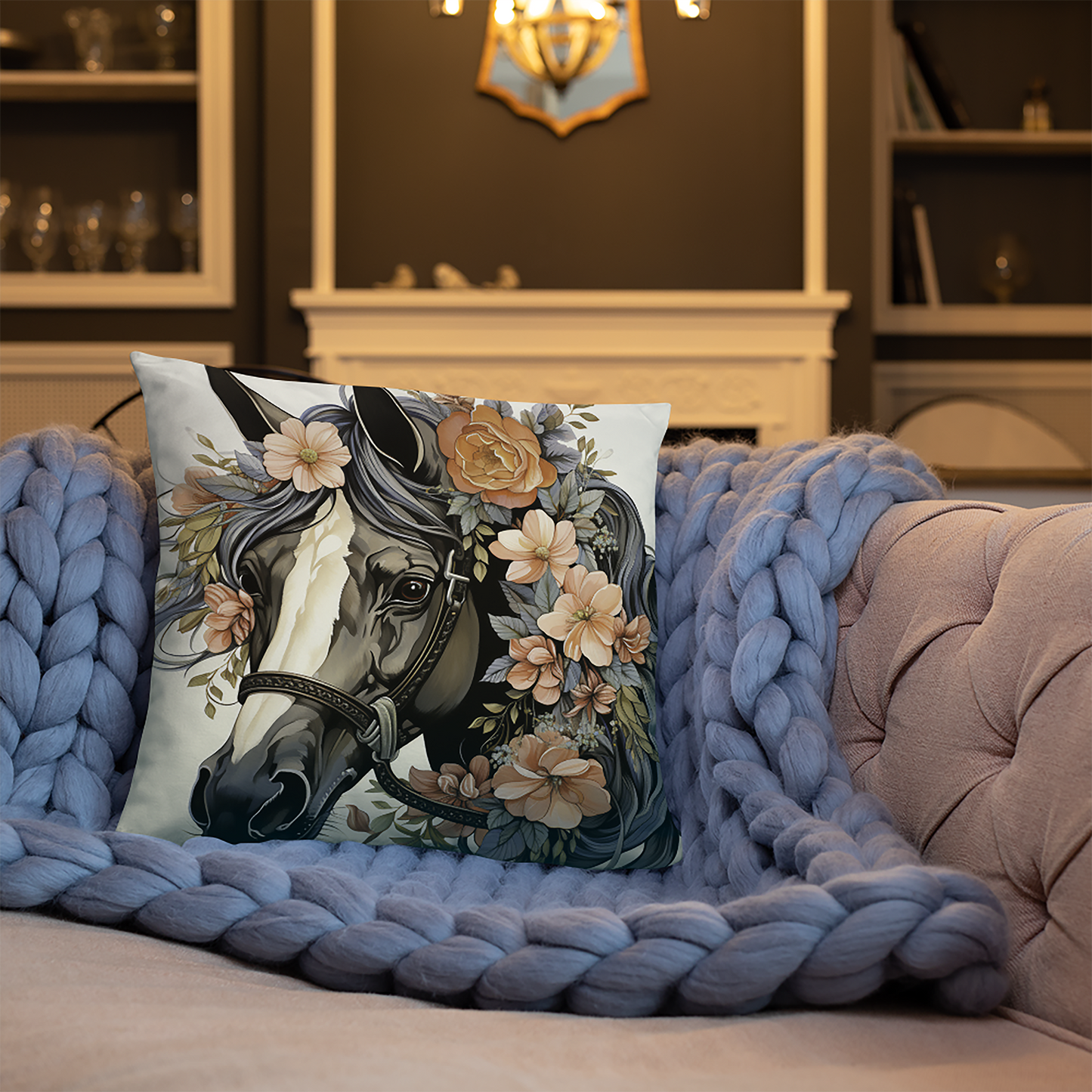 Horse Throw Pillow White Elegance Floral Comfort Polyester Decorative Cushion 18x18
