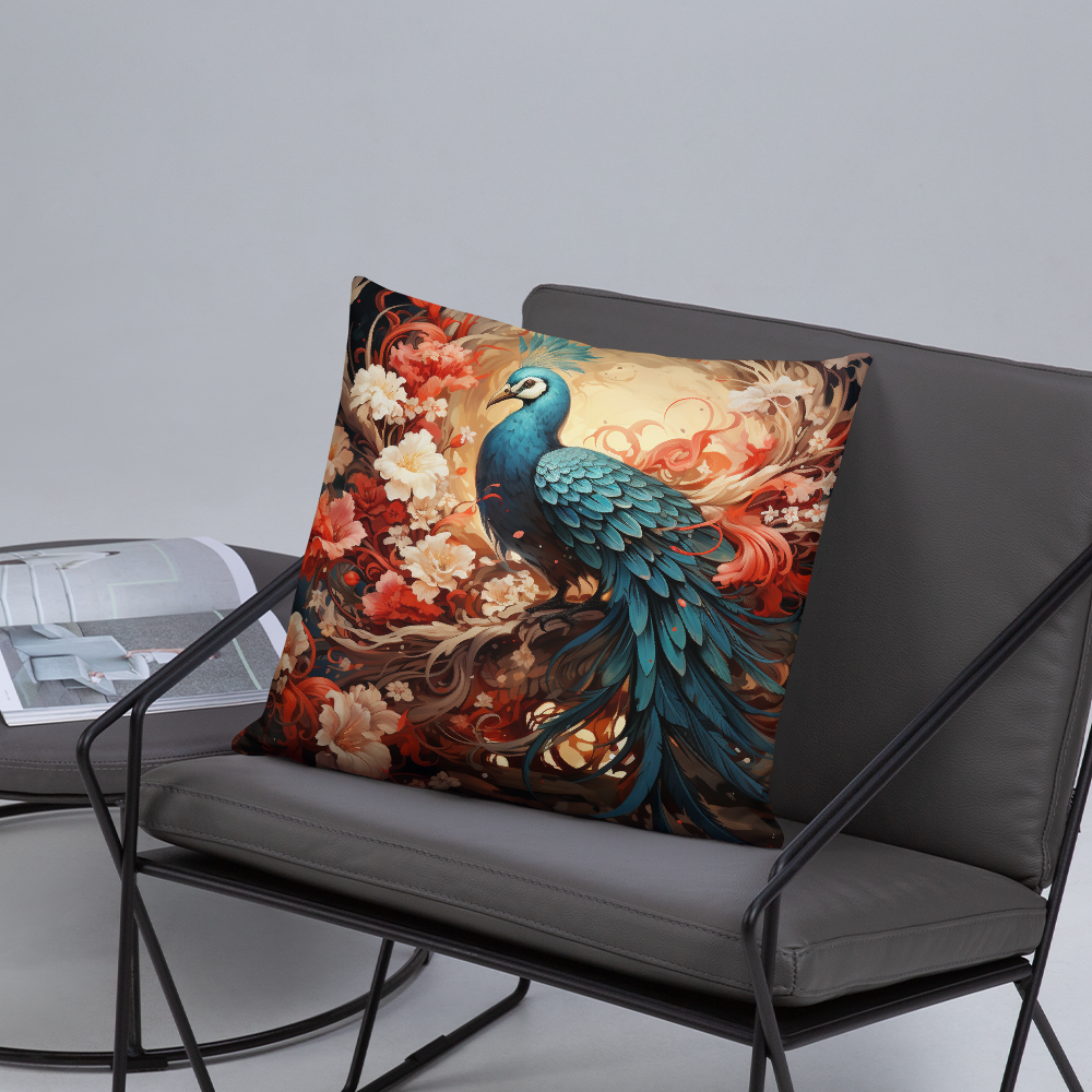 Bird Throw Pillow Blue Peacock and Flowers Polyester Decorative Cushion 18x18