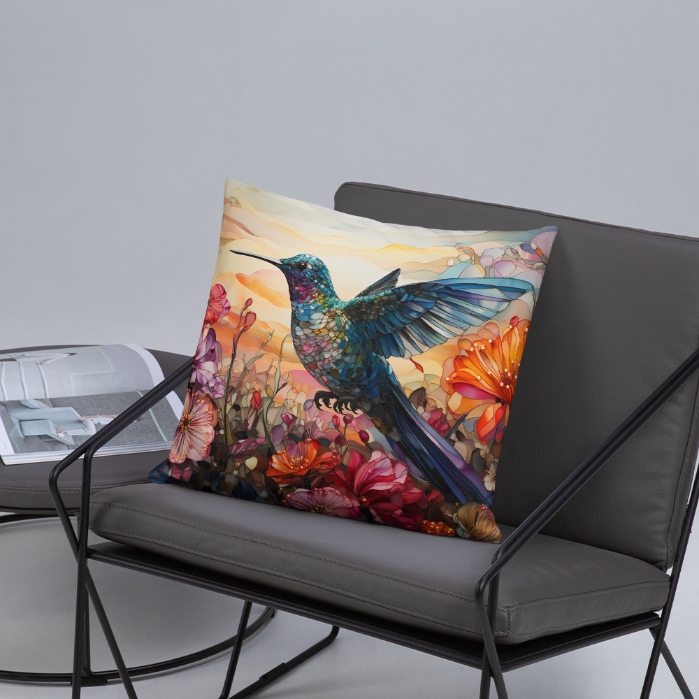 Bird Throw Pillow Mosaic Hummingbird Garden Polyester Decorative Cushion 18x18