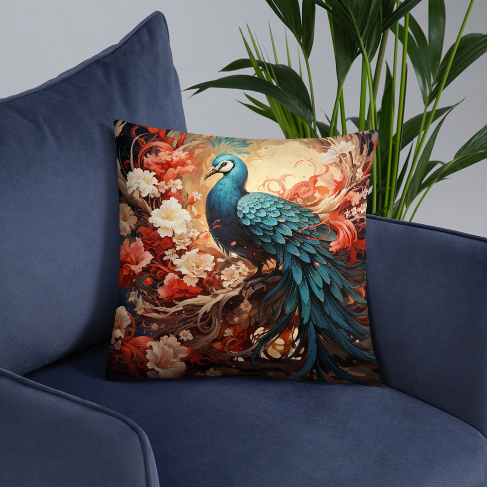 Bird Throw Pillow Blue Peacock and Flowers Polyester Decorative Cushion 18x18