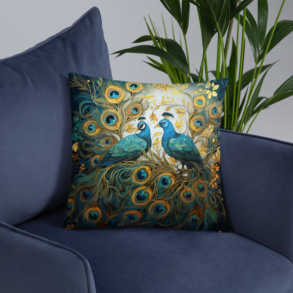 Bird Throw Pillow Elegant Peacock Feathers Polyester Decorative Cushion 18x18