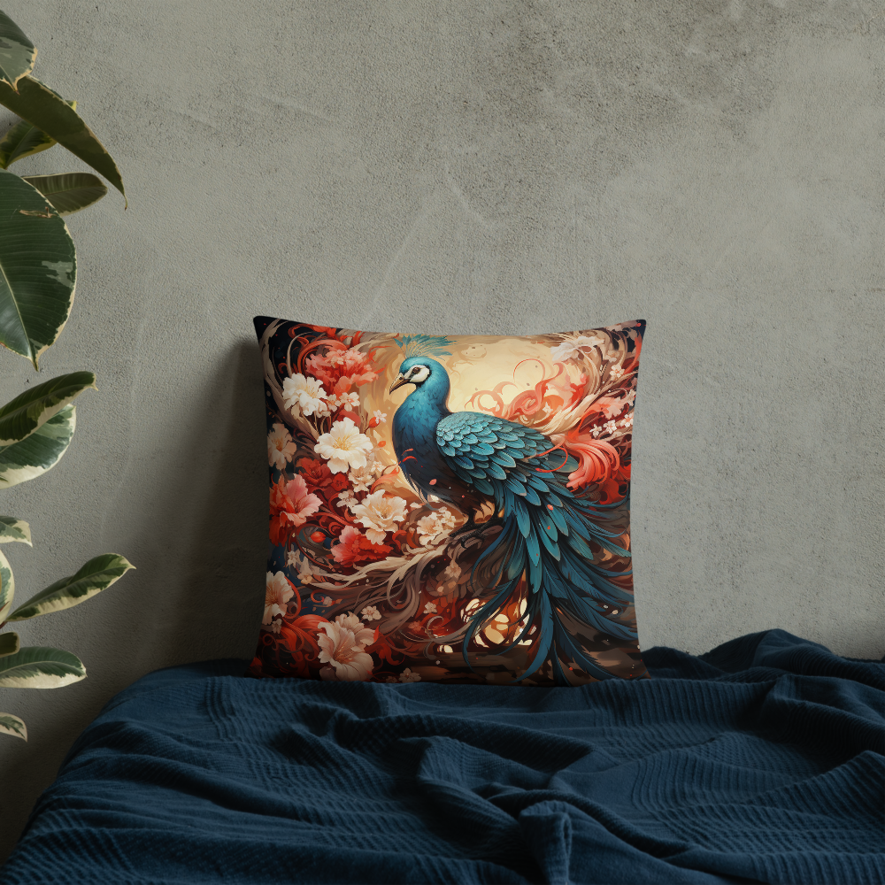Bird Throw Pillow Blue Peacock and Flowers Polyester Decorative Cushion 18x18
