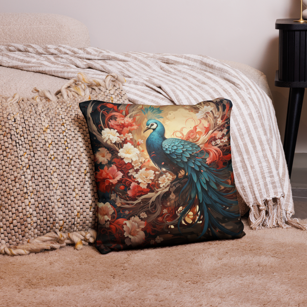 Bird Throw Pillow Blue Peacock and Flowers Polyester Decorative Cushion 18x18