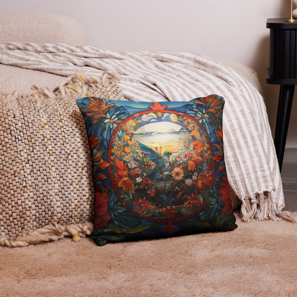 Bird Throw Pillow Vibrant Mosaic Hummingbird Polyester Decorative Cushion 18x18