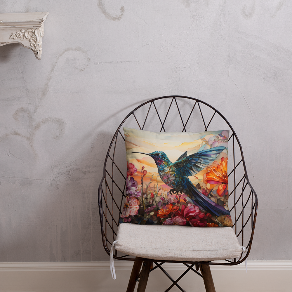 Bird Throw Pillow Mosaic Hummingbird Garden Polyester Decorative Cushion 18x18