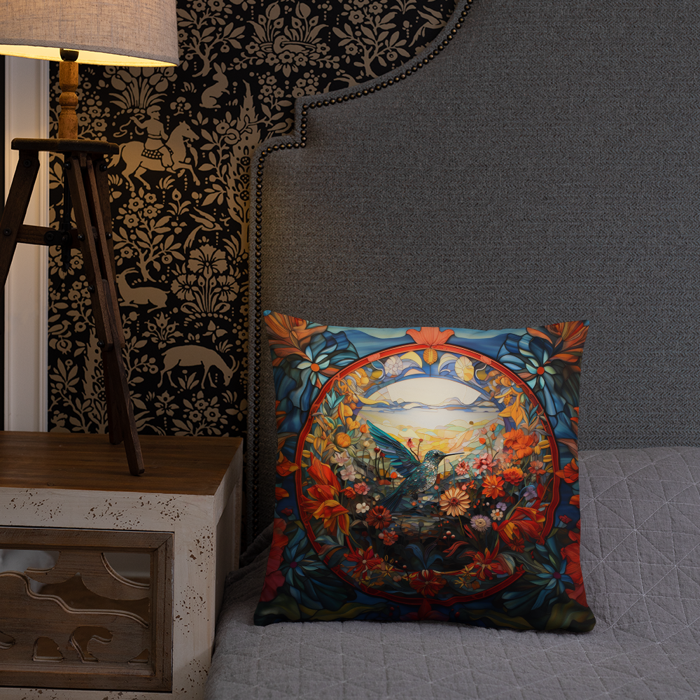 Bird Throw Pillow Vibrant Mosaic Hummingbird Polyester Decorative Cushion 18x18