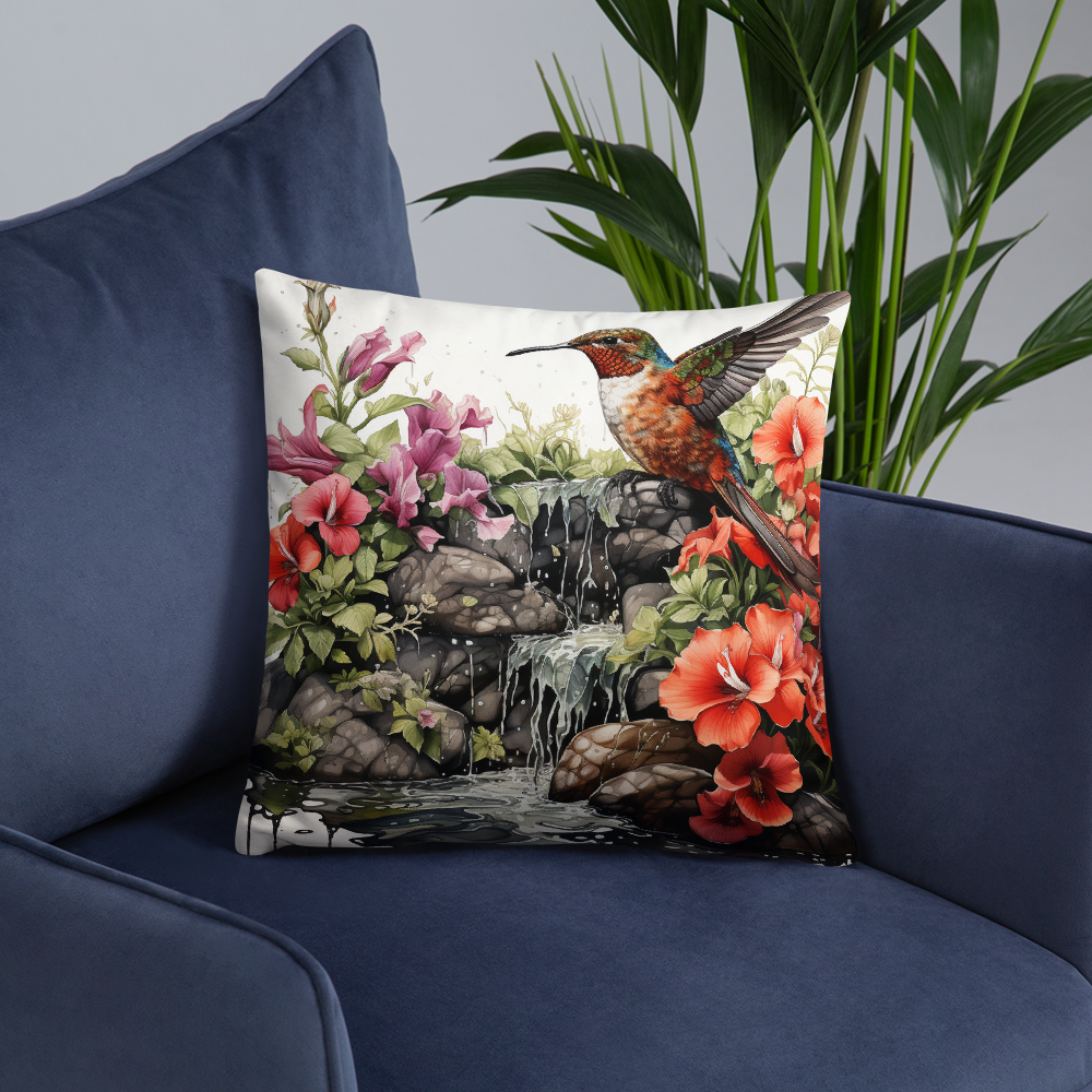 Bird Throw Pillow Vibrant Hummingbird Oasis Polyester Decorative Cushion 18x18
