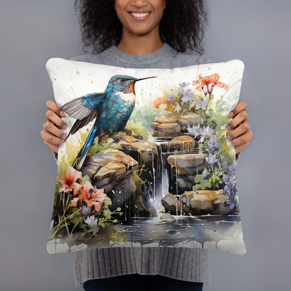 Bird Throw Pillow Hummingbird Garden Oasis Polyester Decorative Cushion 18x18