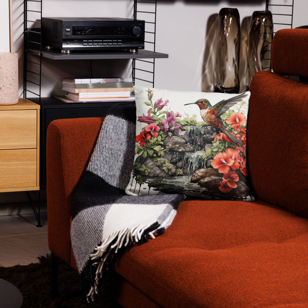 Bird Throw Pillow Vibrant Hummingbird Oasis Polyester Decorative Cushion 18x18