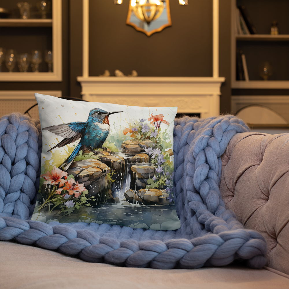 Bird Throw Pillow Hummingbird Garden Oasis Polyester Decorative Cushion 18x18