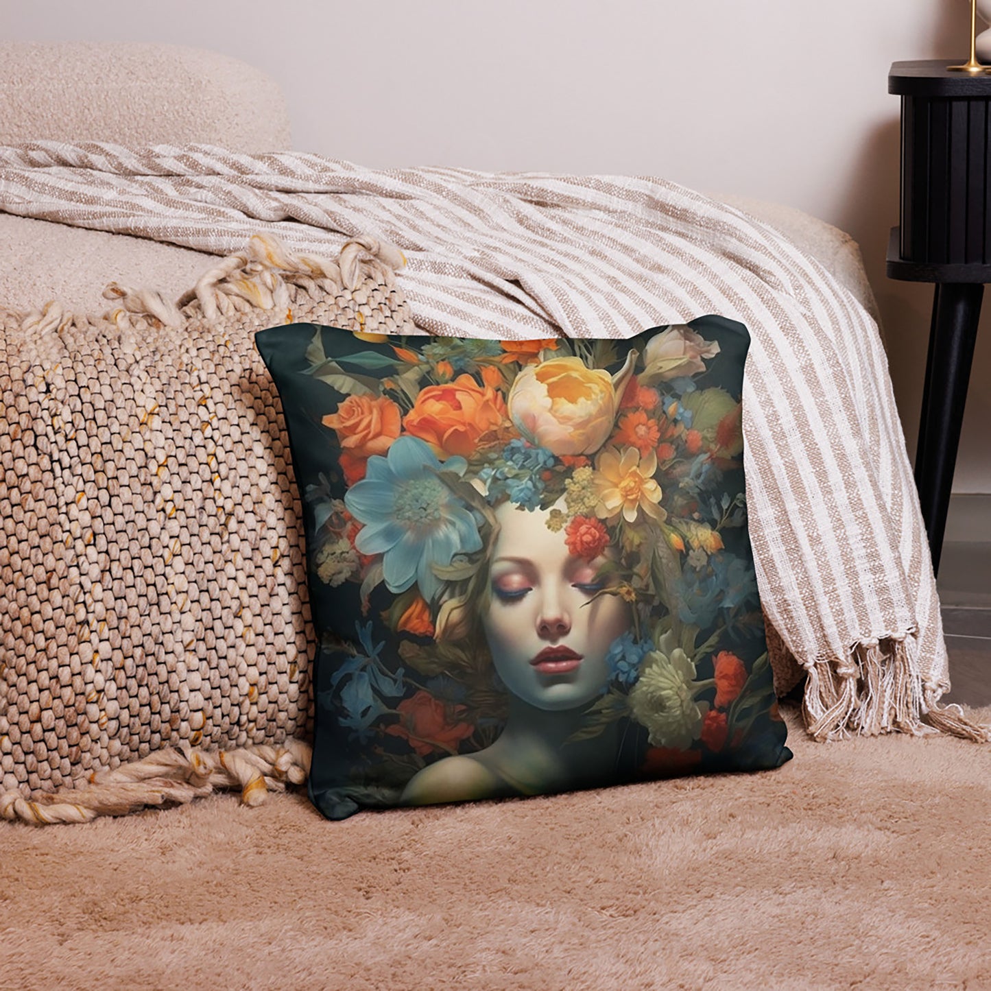 Floral Throw Pillow Female Muse Artistic Polyester Decorative Cushion 18x18