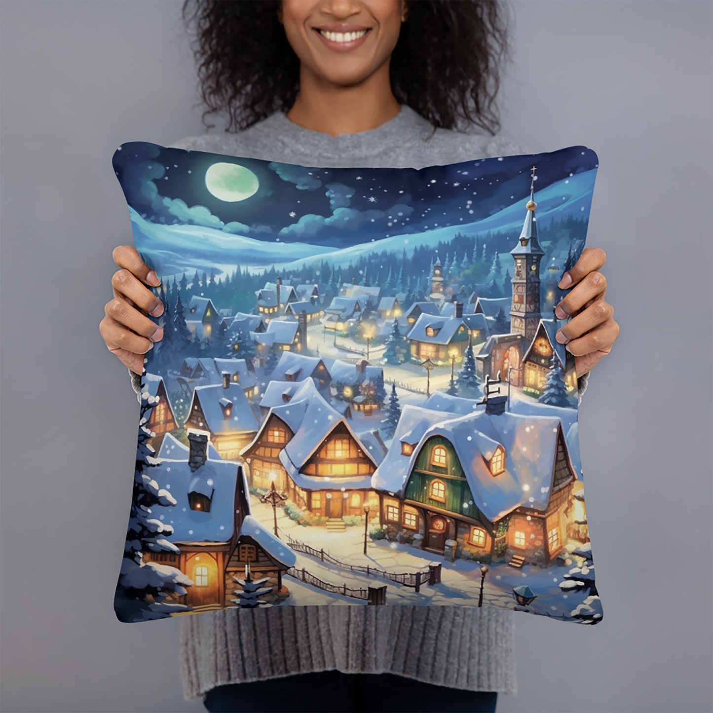 Christmas Throw Pillow Moonlit Village Polyester Decorative Cushion 18x18