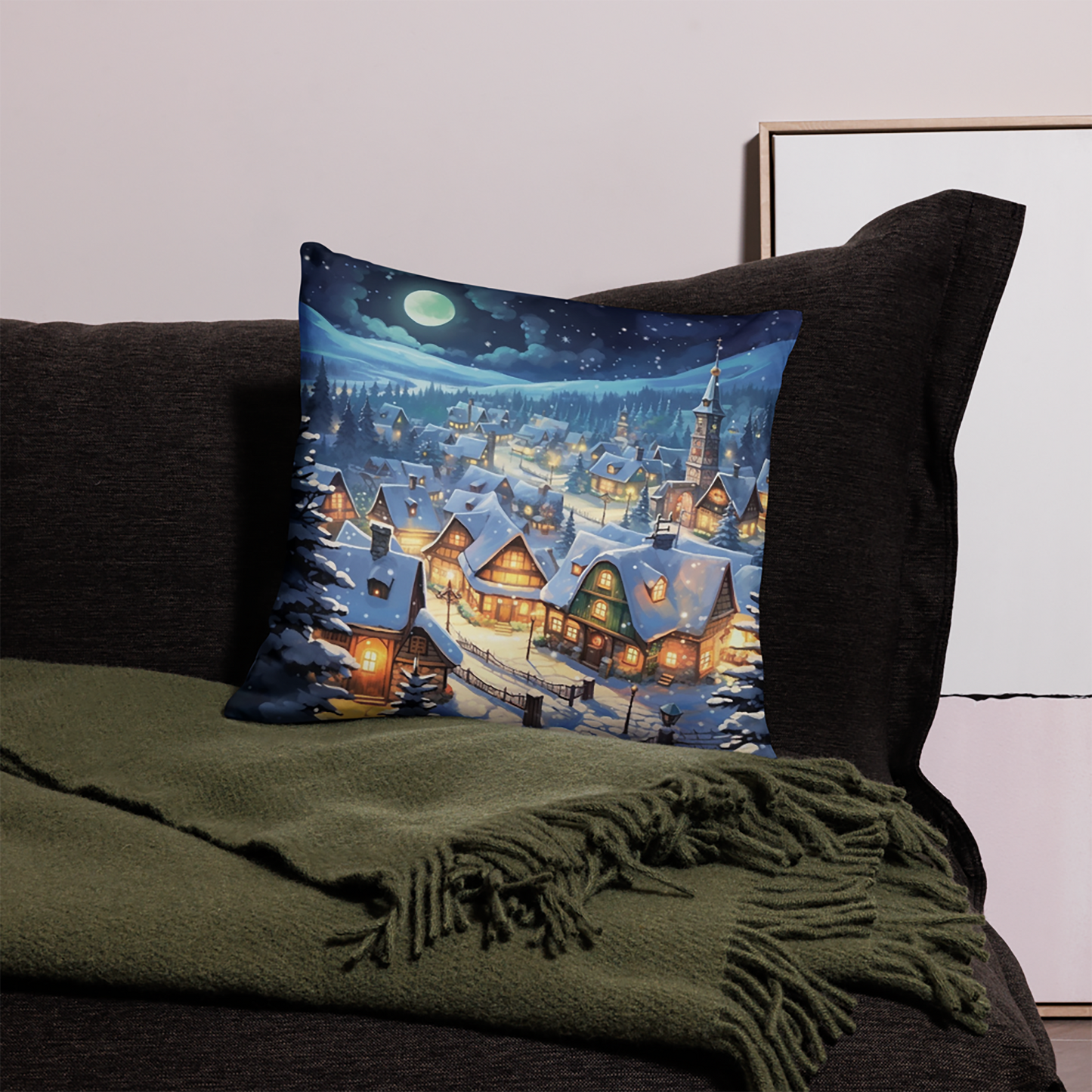 Christmas Throw Pillow Moonlit Village Polyester Decorative Cushion 18x18