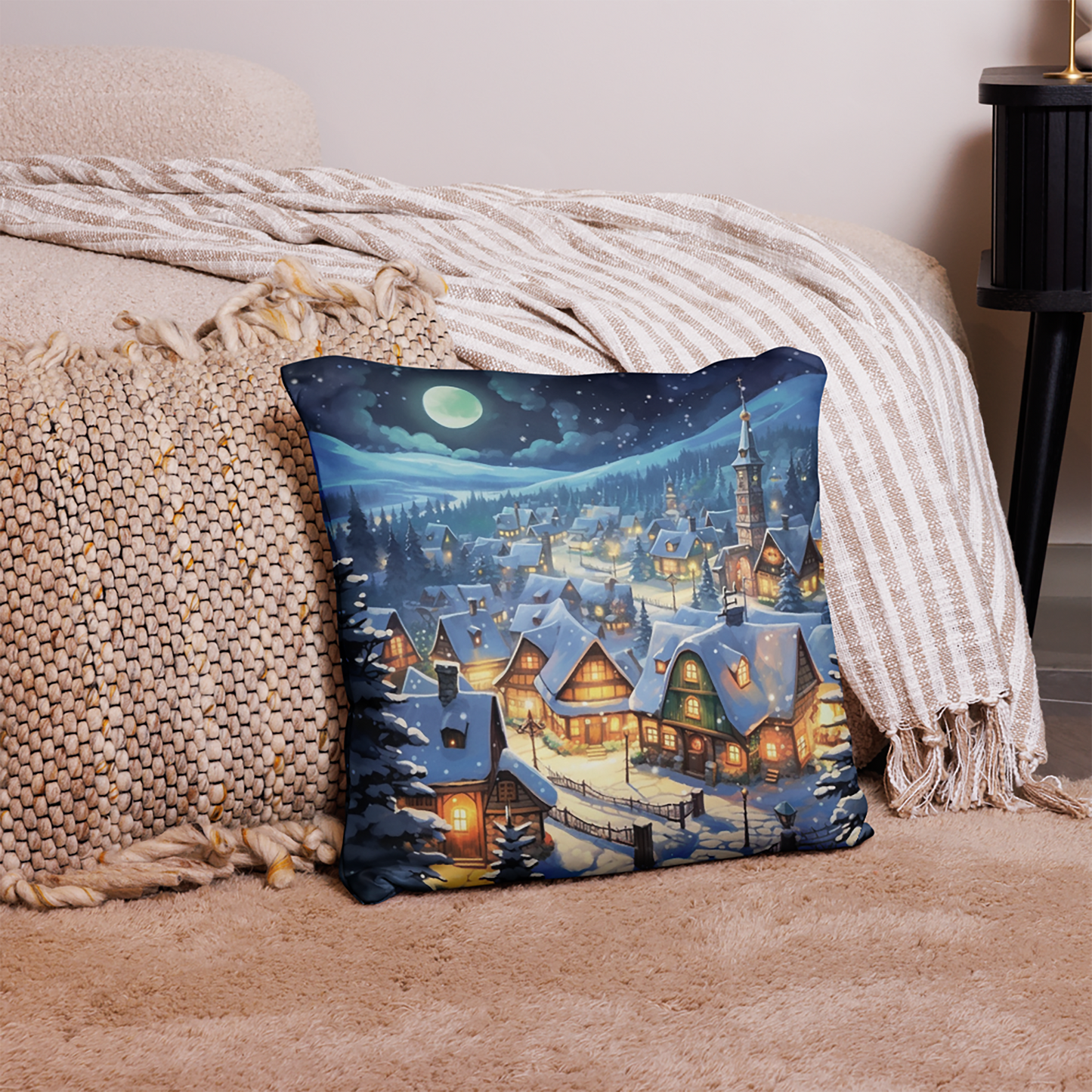 Christmas Throw Pillow Moonlit Village Polyester Decorative Cushion 18x18