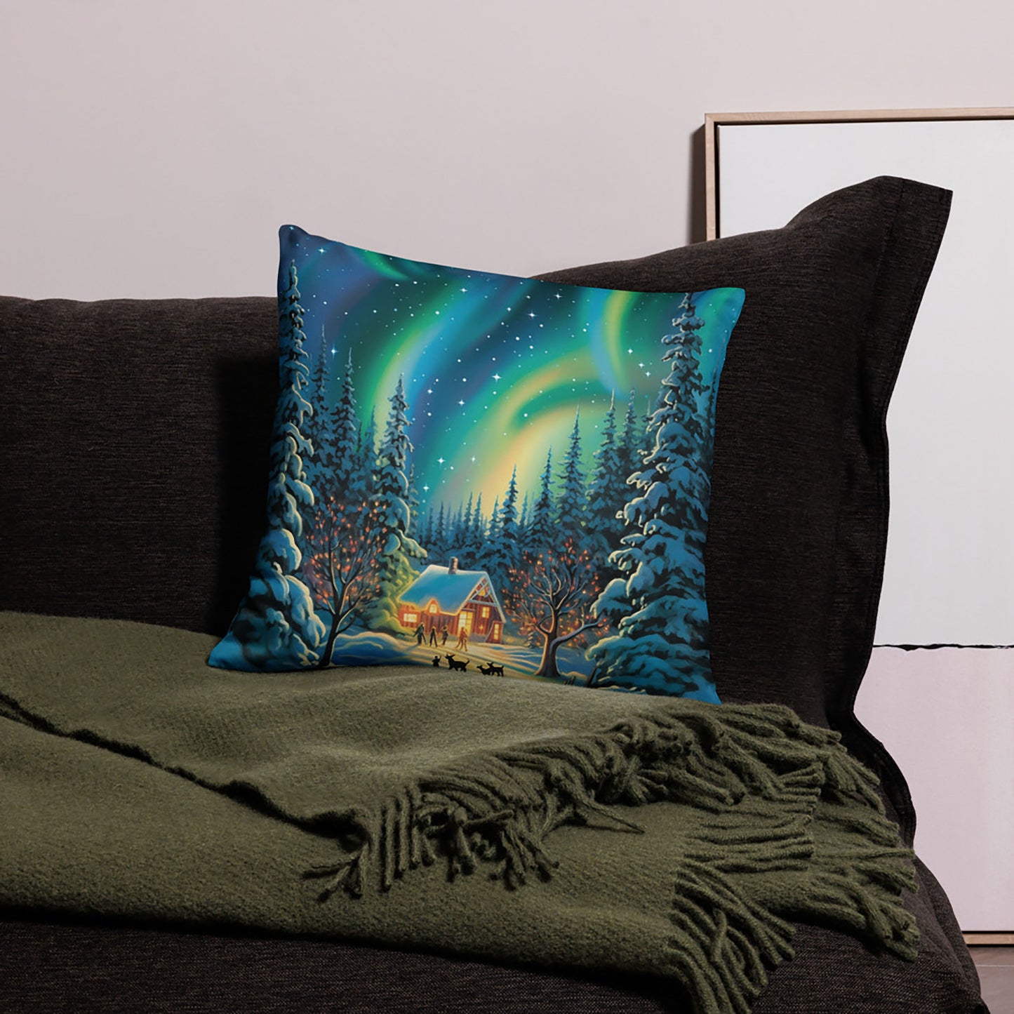 Christmas Throw Pillow Enchanted Northern Lights Polyester Decorative Cushion 18x18