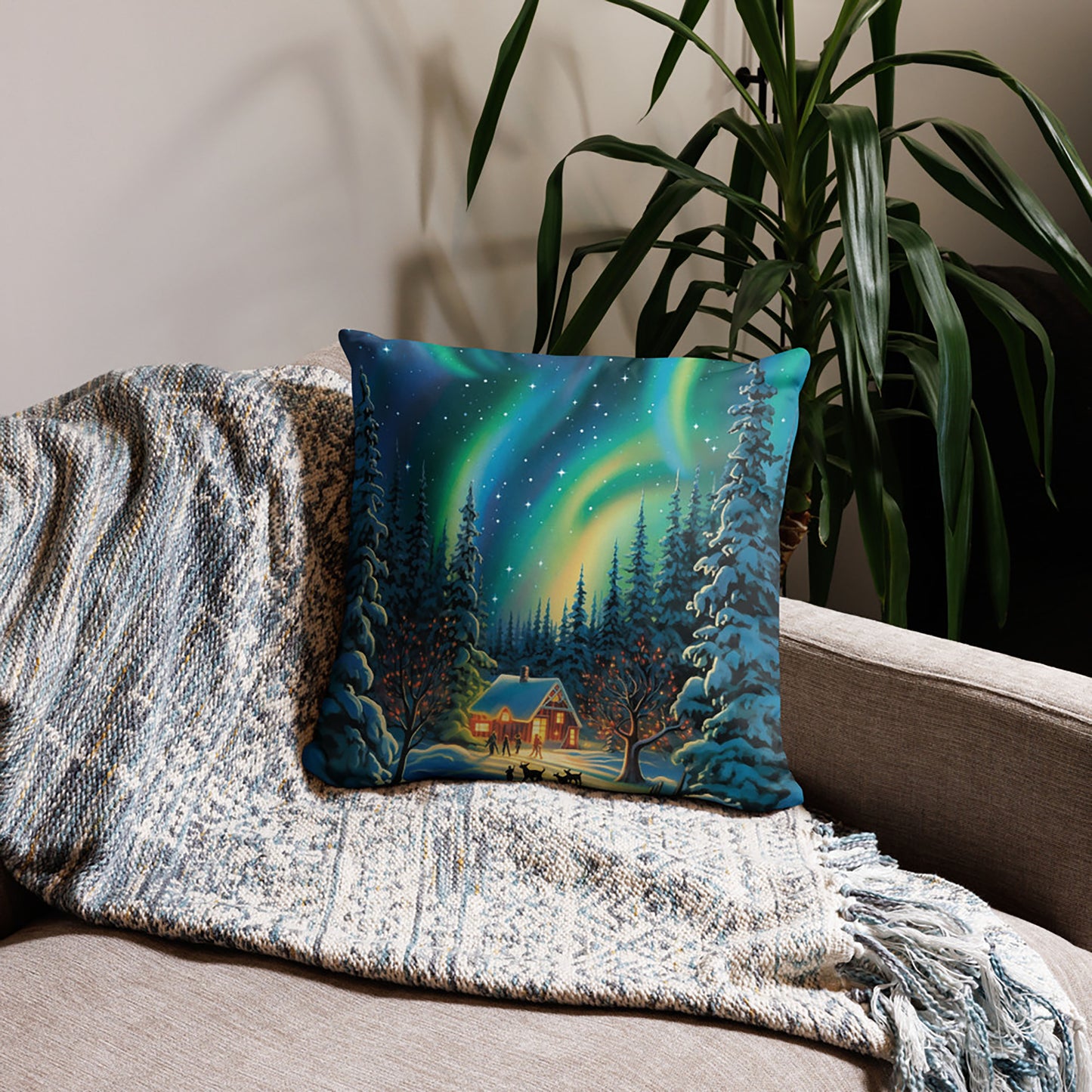 Christmas Throw Pillow Enchanted Northern Lights Polyester Decorative Cushion 18x18