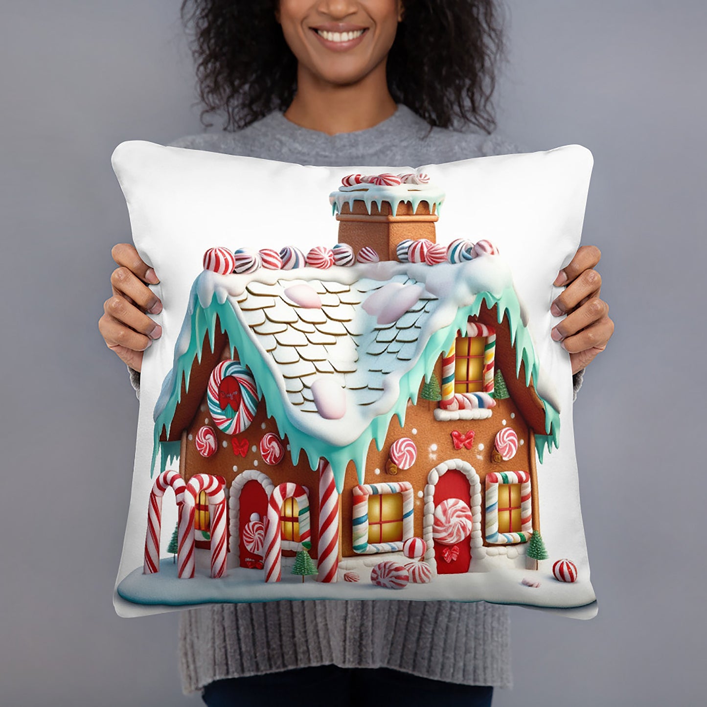 Christmas Throw Pillow Enchanting Gingerbread Haven Polyester Decorative Cushion 18x18