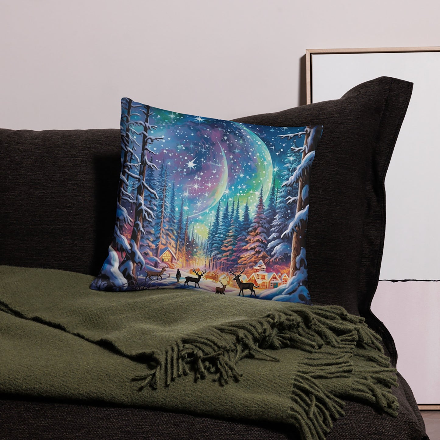 Christmas Throw Pillow Winter's Dream Northern Lights Polyester Decorative Cushion 18x18