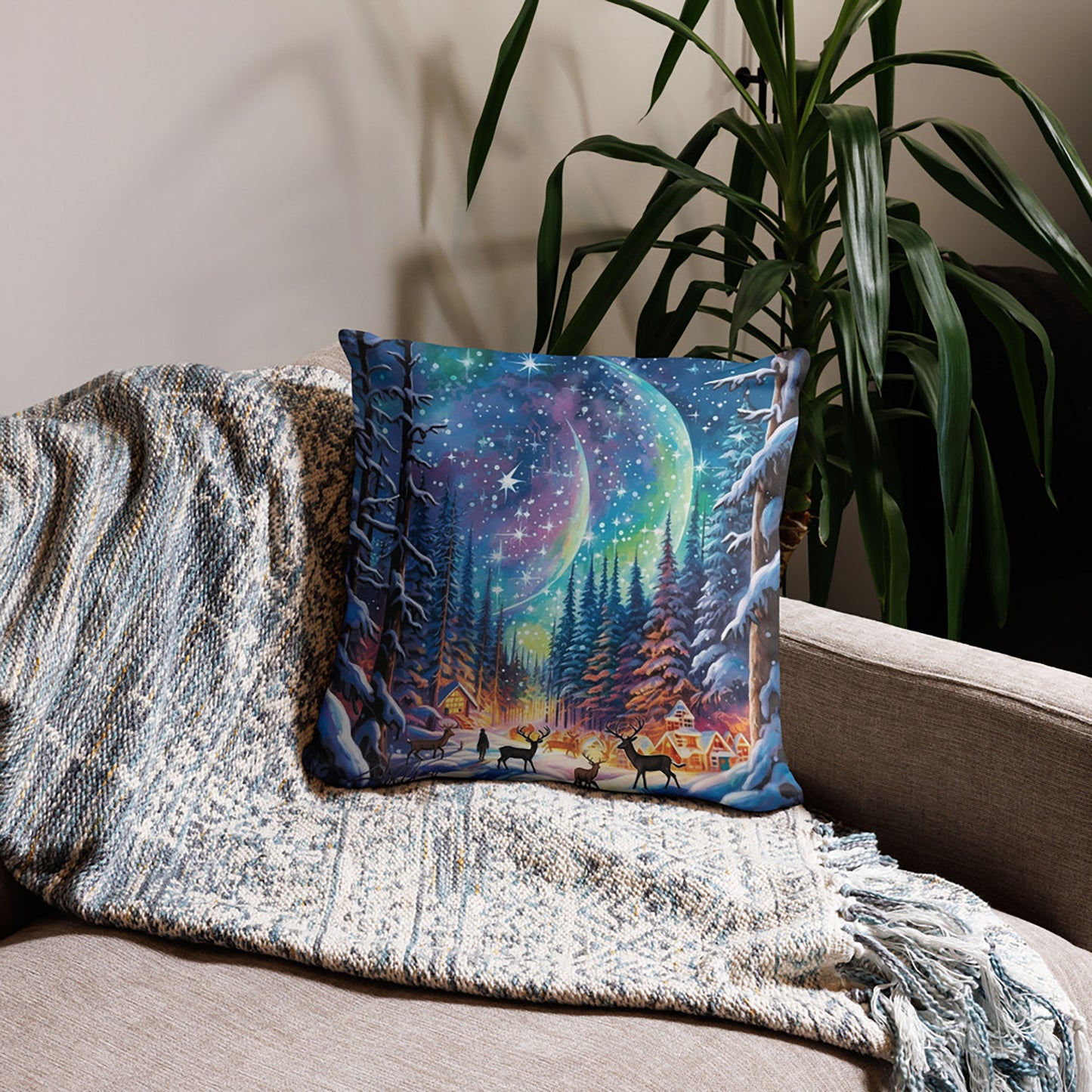 Christmas Throw Pillow Winter's Dream Northern Lights Polyester Decorative Cushion 18x18