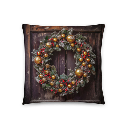 Christmas Throw Pillow Bold Golden Wreath Polyester Decorative Cushion 18x18